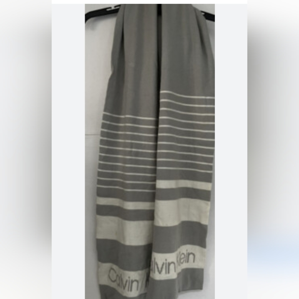 Calvin Klein Gray & White Striped Knit Scarf with Logo | Cozy Winter Accessory